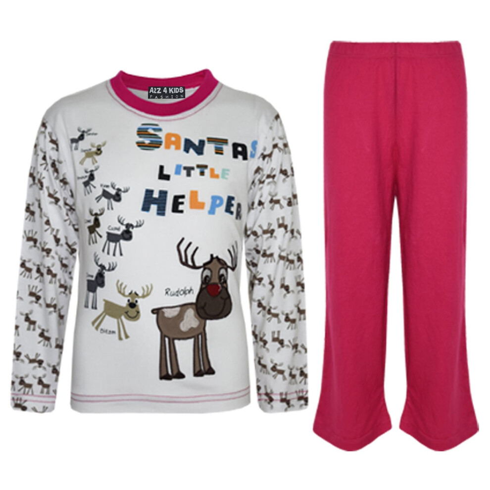 (5-6 Years, Pink) Kids Girls Boys "SANTAS LITTLE HELPER" Christmas Pyjamas Reindeer Rudolph PJ's