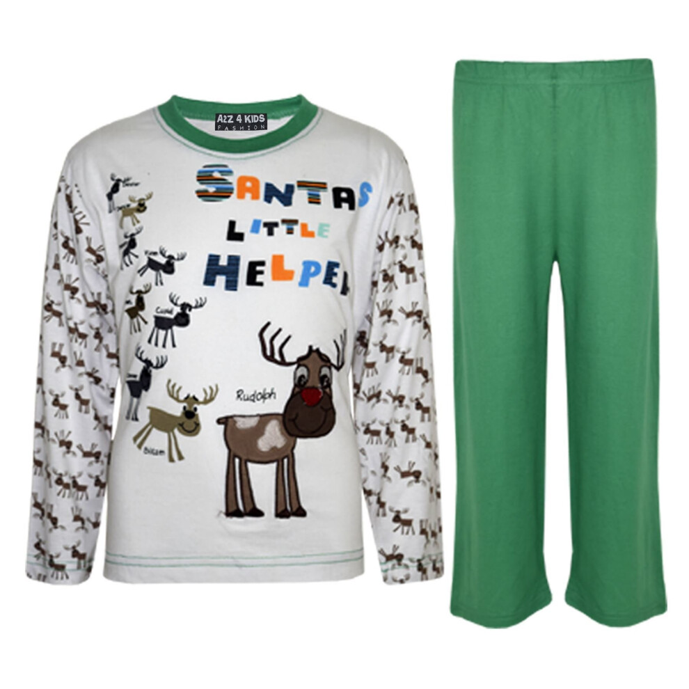 (12-18 Months, Green) Kids Girls Boys "SANTAS LITTLE HELPER" Christmas Pyjamas Reindeer Rudolph PJ's