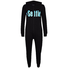 (9-10 Years, Black & Blue) Kids Girls Boys " #Selfie " Onesie All In One Summer Jumpsuit PJ's Age 7-13 Year