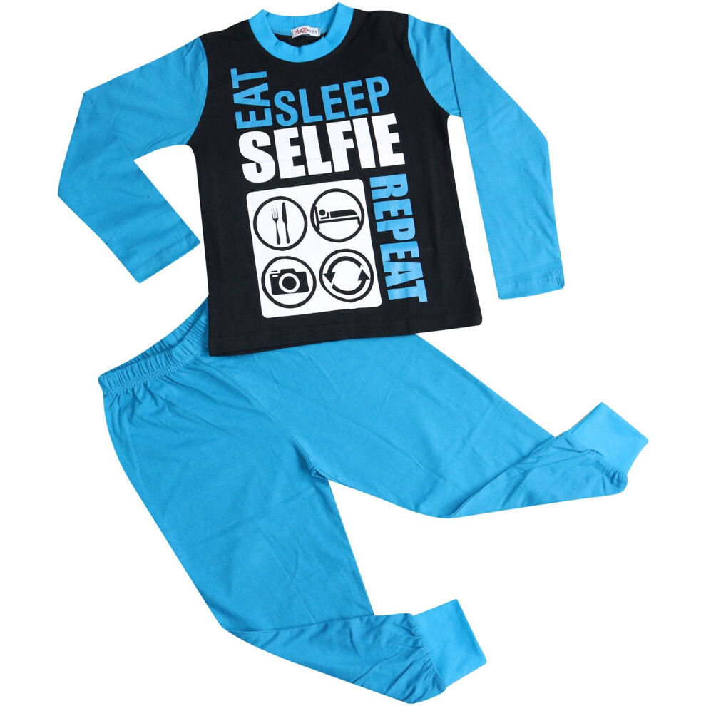 (13 Years, Blue) Kids Girls Boys Designer Eat Sleep Selfie Repeat Pajamas Lounge Wear PJS 2-13 Yr