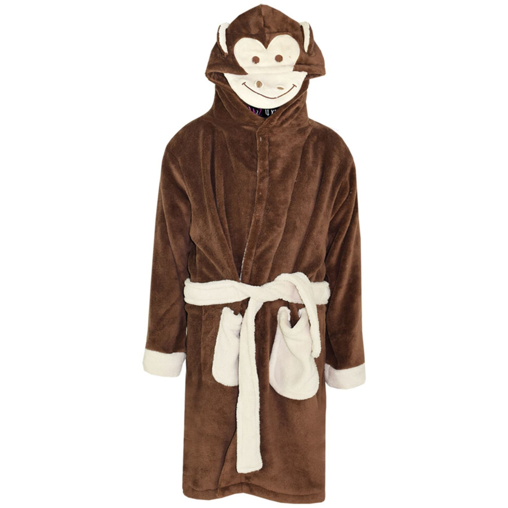 (9-10 Years) Kids Girls Boys Bathrobe 3D Animal Monkey Dressing Gown Fleece Night Lounge Wear