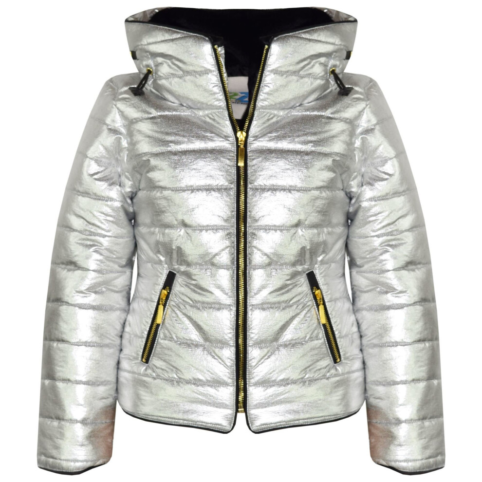 (13 Years) Kids Girls Jacket Metallic Foil Quilted Padded Puffer Bubble Fur Colar Warm Coat