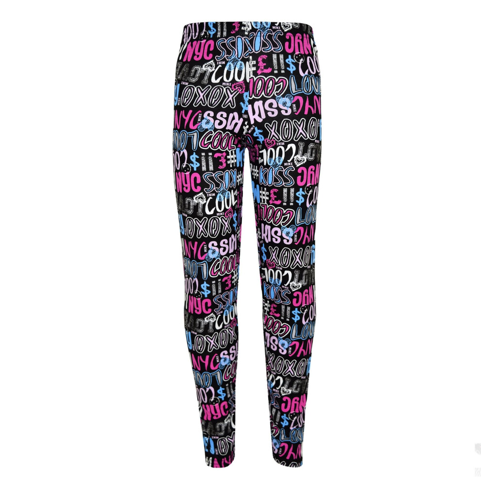 (13 Years, Cool Graffiti Print) Kids Girls Comic Graffiti Floral Leopard Tartan Aztec Print Leggings 5-13 Years