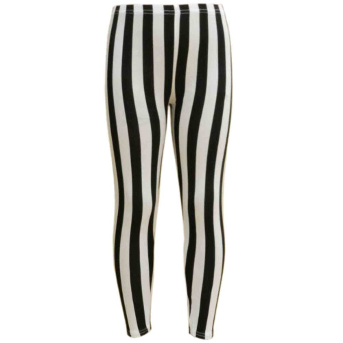 (9-10 Years, Black & White Vertical Stripes) Kids Girls Comic Graffiti Floral Leopard Tartan Aztec Print Leggings 5-13 Years
