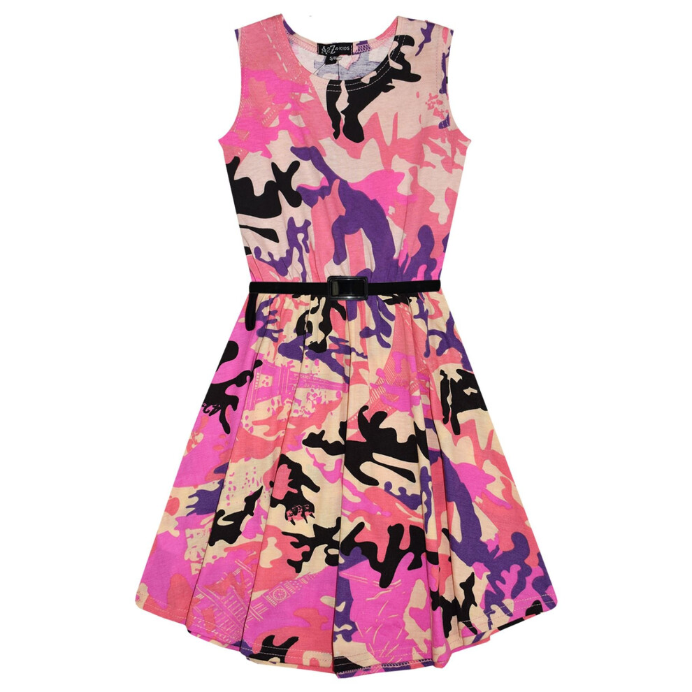 (13 Years, Baby Pink) Girls Skater Dress Kids Designer's Camouflage Print Summer Party Dresses 5-13 Yr