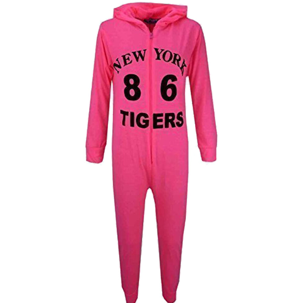 (11-12 Years, Neon Pink) Girls Boys Onesie Kids NEW YORK 86 TIGERS Onesies All In One Jumpsuit PJ's 7-13Y