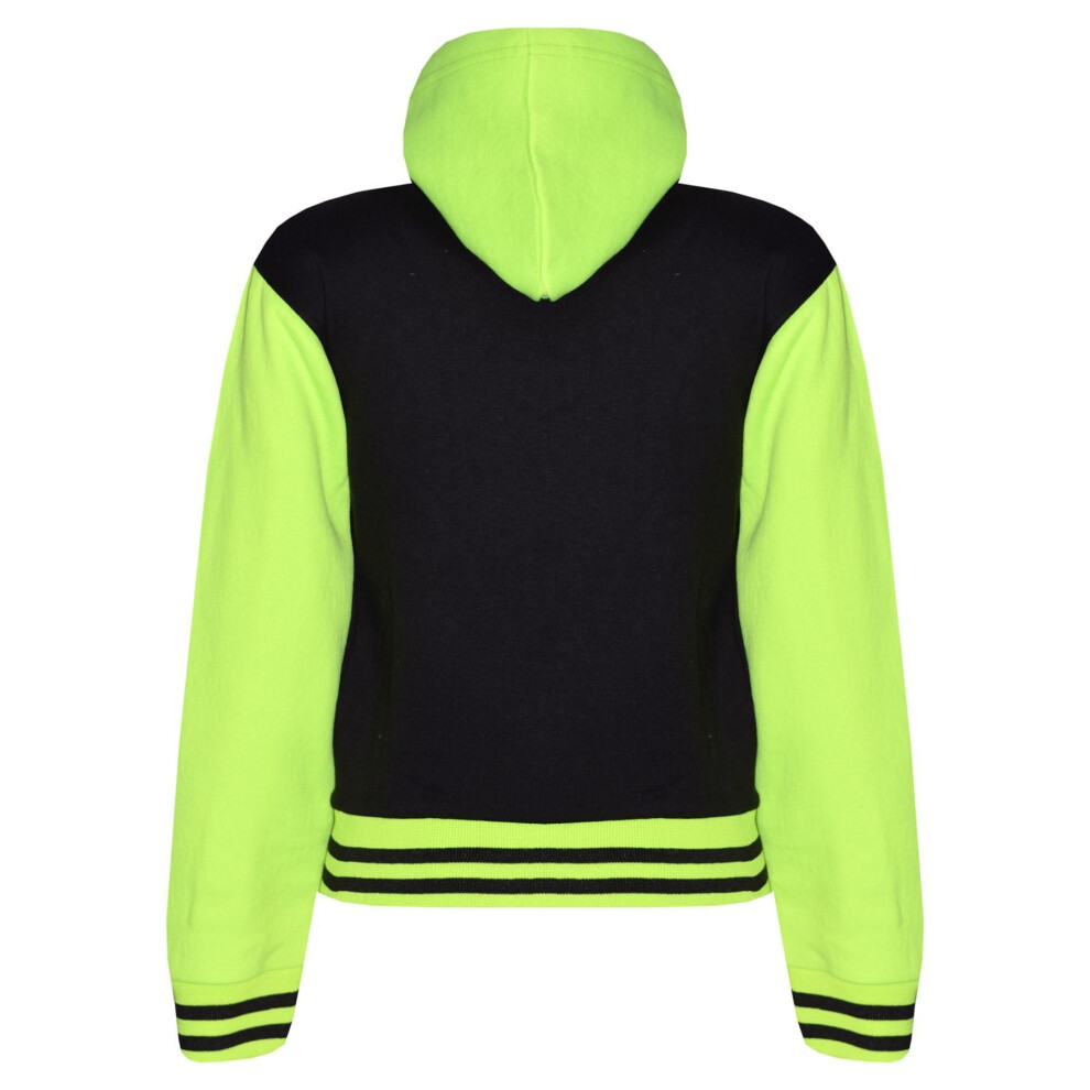 (11-12 Years) Kids Girls Boys R Fashion Baseball Black Neon Green Hooded Jacket Varsity Hoodie