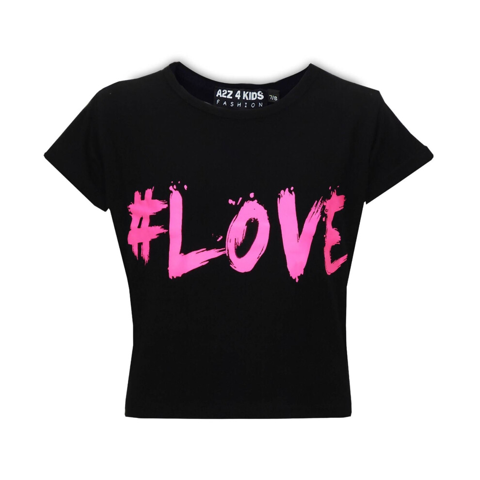 (9-10 Years, Black) KIDS GIRLS NEW SEASON " # LOVE " PRINTED CROP TOP T SHIRT 7 8 9 10 11 12 13 Yr