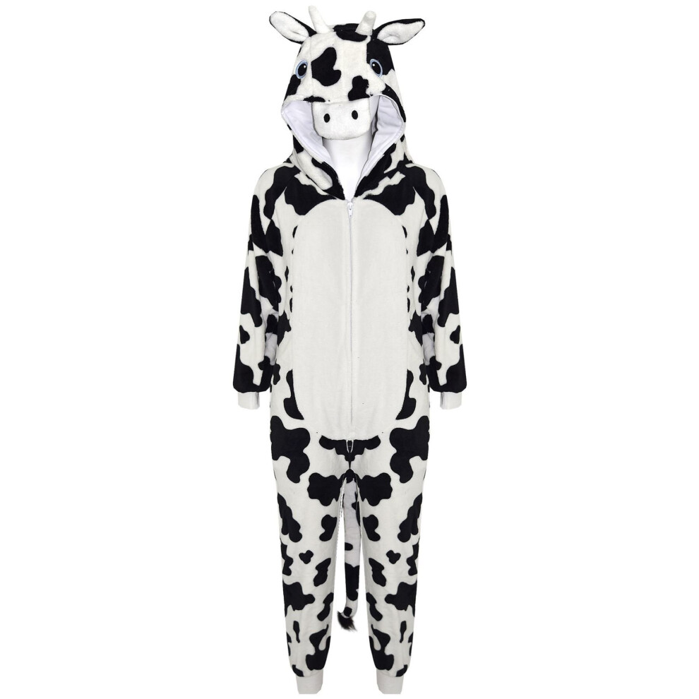 (11-12 Years) Kids Girls Boys Onesie Soft Fluffy Cow All In One Halloween Costume 7-14 Years