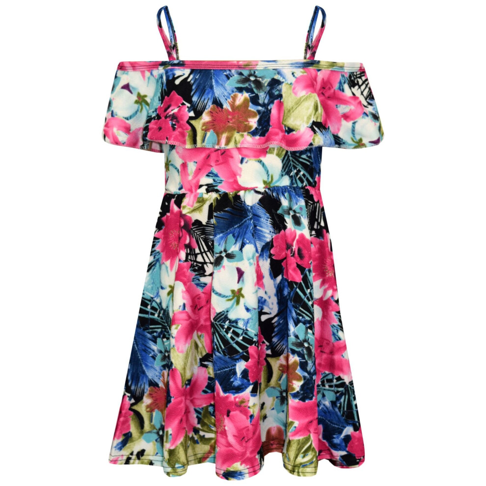 (9-10 Years) Girls Skater Dress Kids Floral Print Summer Party Off Shoulder Dresses 7-13 Year-image-OPC-P57XFBG-NEW