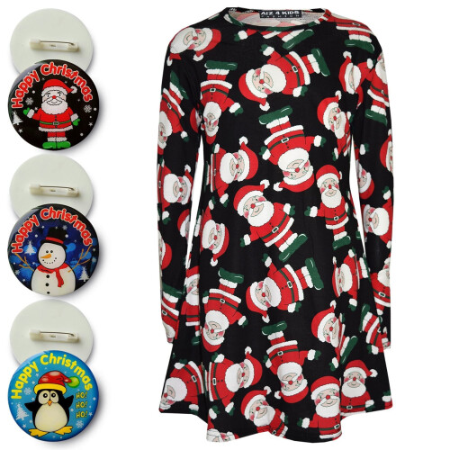 (7-8 Years, Santa Black) Girls Christmas Dress Kids Santa Xmas Fashion Dresses With A Free Badge 3-13 Year