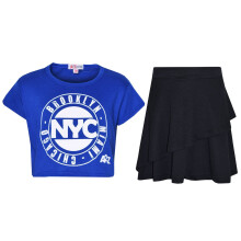 (11-12 Years, NYC Royal Blue) Girls Tops Kids Love Paris NYC #SELFIE Crop Top & Double Layer Skater Skirt 7-13