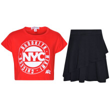 (13 Years, NYC Red) Girls Tops Kids Love Paris NYC #SELFIE Crop Top & Double Layer Skater Skirt 7-13