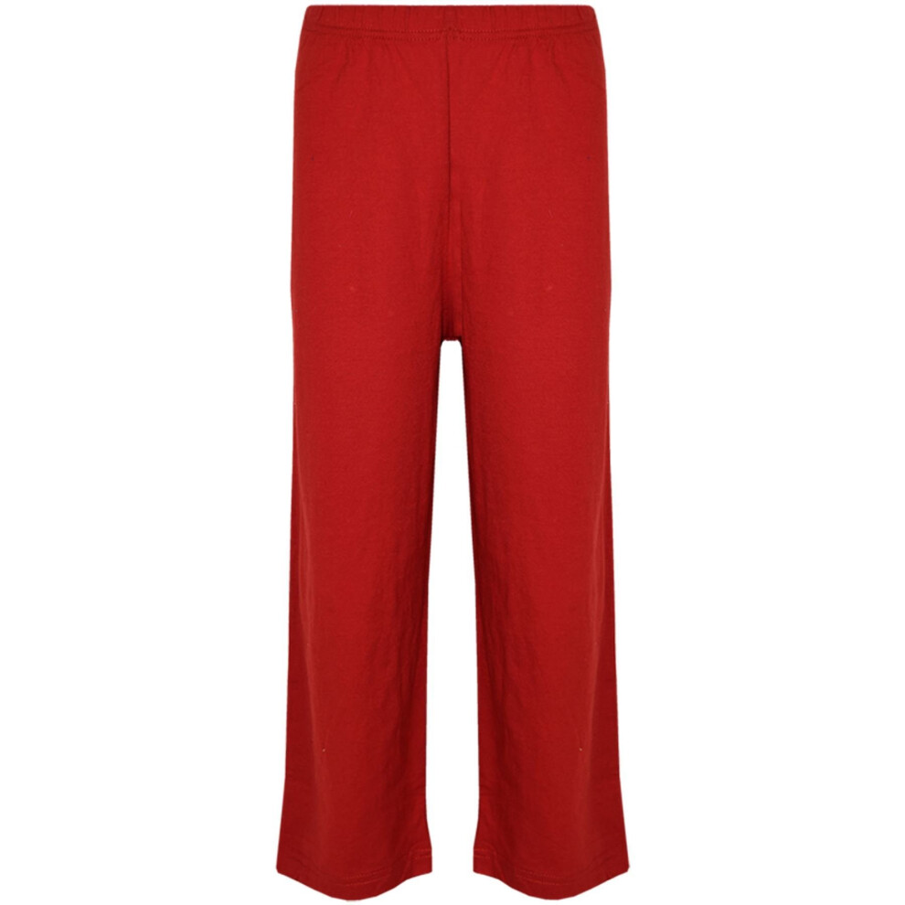 (3-4 Years) Kids Girls Boys Pyjamas Designer Plain Red Contrast Sleeve Nightwear PJS 2-13 Yr