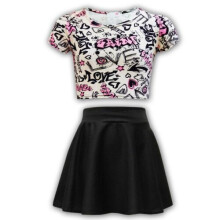 (11-12 Years, Crop Top & Skater Skirt Set) KIDS GIRLS NEW LOVE COMIC GRAFFITI PRINT LEGGING SKATER MIDI DRESS CROP TOP 2-13