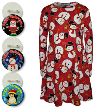 (5-6 Years, Snowman Red) Girls Christmas Dress Kids Snowman Xmas Fashion Dresses With A Free Badge 3-13 Y