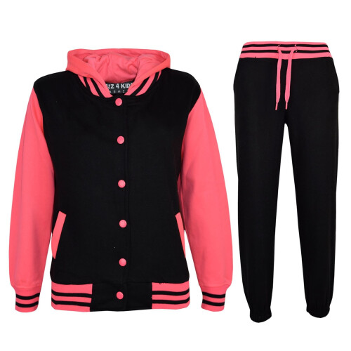 (9-10 Years, Black & Neon Pink) Kids Tracksuit Girls DESIGNER Baseball Plain Top Bottoms Jogging Suits 7-13 Yr