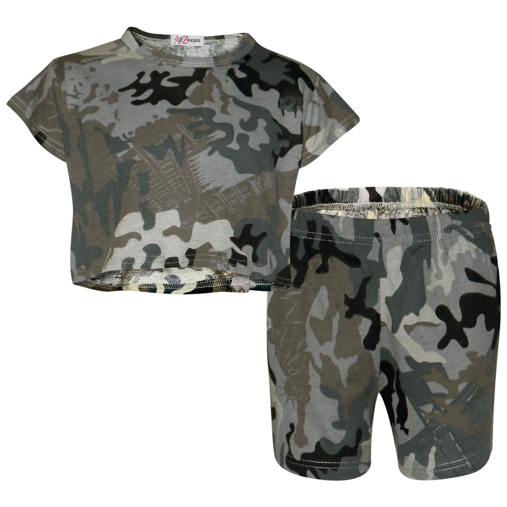 (13 Years, Charcoal) Kids Girls Crop Top & Shorts Camouflage Print Fashion Summer Outfit Sets 5-13 Yr-image-OPC-P57XH5P-NEW