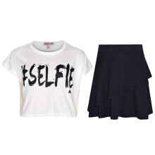 (13 Years, Selfie Brush Writing White) Girls Tops Kids Love Paris NYC #SELFIE Crop Top & Double Layer Skater Skirt 7-13