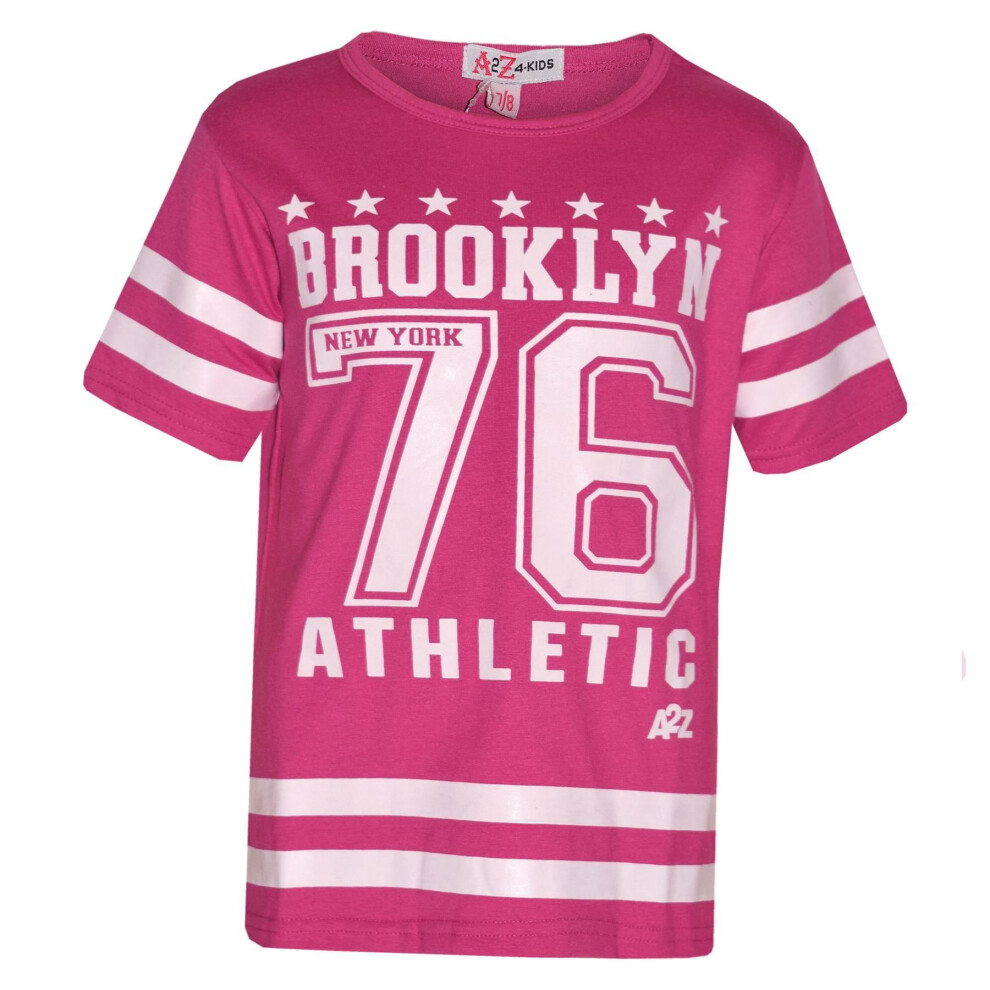 (7-8 Years, Pink) Girls Top Kids Designer's Brooklyn 76 Athletic Print Fashion T Shirt Top 7-13 Yr