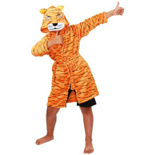 (11-12 Years) Kids Boys Girls Bathrobe 3D Animal Tiger Fleece Dressing Gown Night Lounge Wear