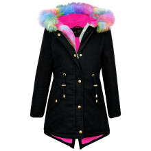 (13 Years) Kids Hooded Jacket Girls Rainbow Fur Parka School Jackets Outwear Coat 5-13 Year