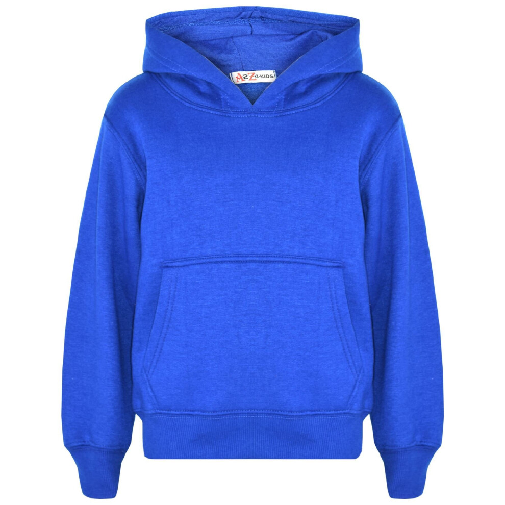 (11-12 Years) Kids Girls Boys Sweat Shirt Tops Plain Royal Blue Hooded Jumpers Hoodies 2-13 Yr