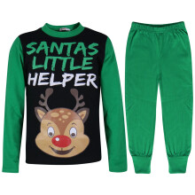 (11-12 Years) Kids Boys Girls Pyjamas Santa Little Helper Green Contrast Sleeves Xmas PJS 2-13