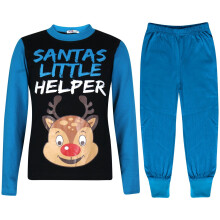 (7-8 Years) Kids Boys Girls Pyjamas Santas Little Helper Blue Contrast Sleeves Xmas PJS 2-13