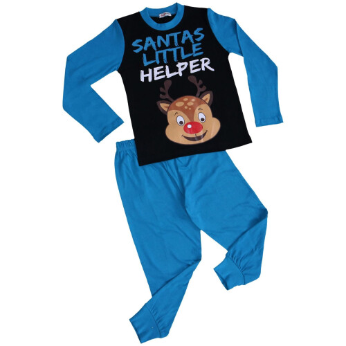 (2-3 Years) Kids Boys Girls Pyjamas Santas Little Helper Blue Contrast Sleeves Xmas PJS 2-13