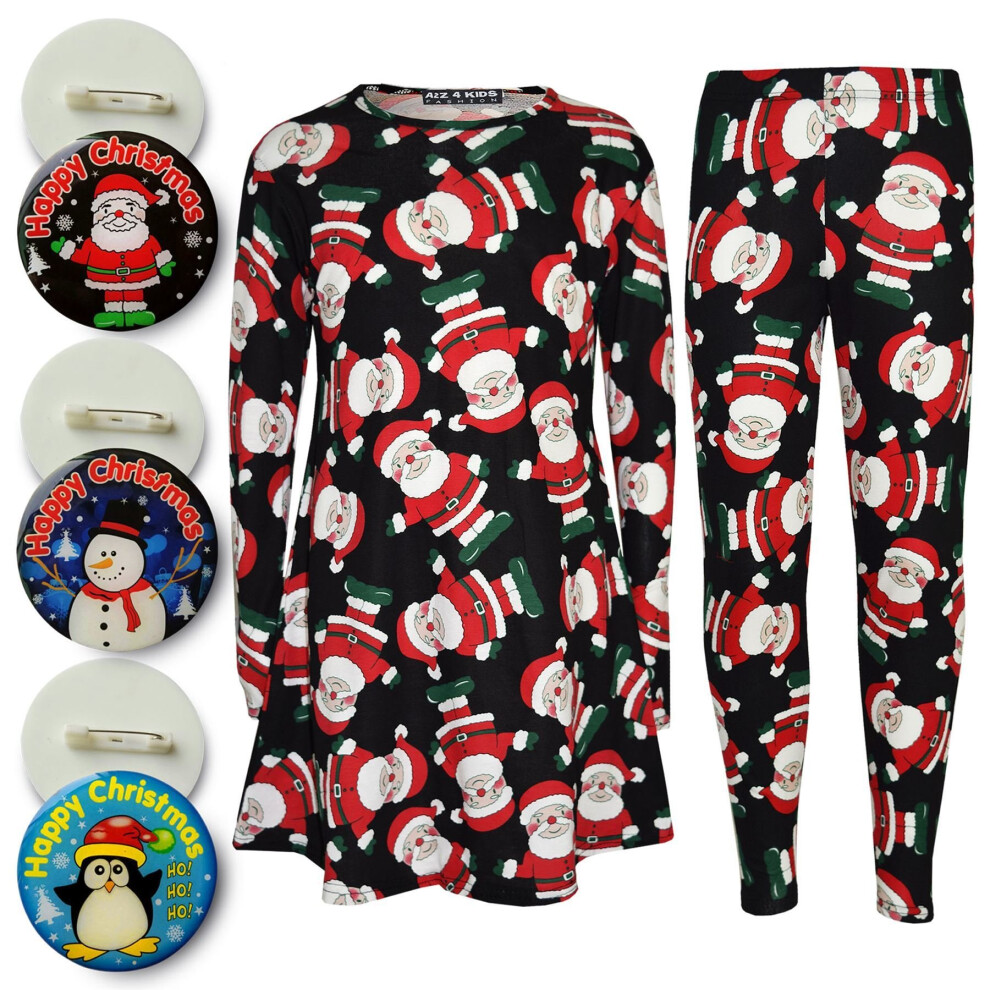 (13 Years, Santa Black) Kids Girls Christmas Santa Penguin Print Dress & Xmas Fashion Legging Set 7-13Yr-image-OPC-P57XKSH-NEW