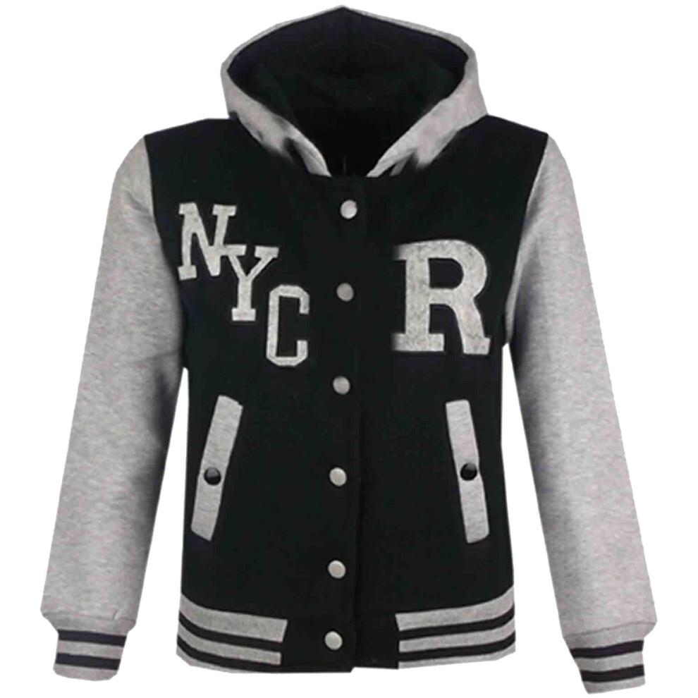 (9-10 Years, NYC Black & Grey) Kids Girls Boys R Fashion NYC FOX Baseball Hooded Jacket Varsity Hoodie 2-13 Yrs