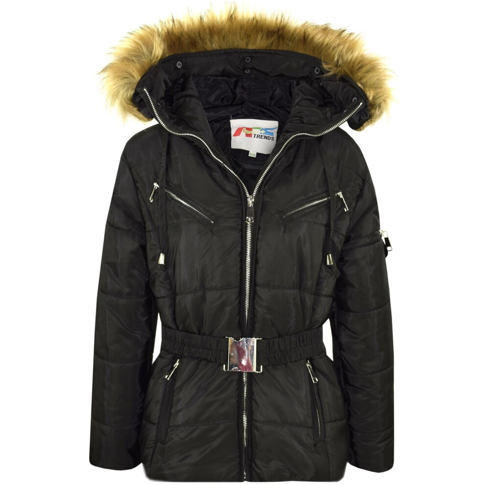 (7-8 Years) Kids Girls Jackets Puffer Hooded Faux Fur Black Padded Zipped Belted Warm Coats