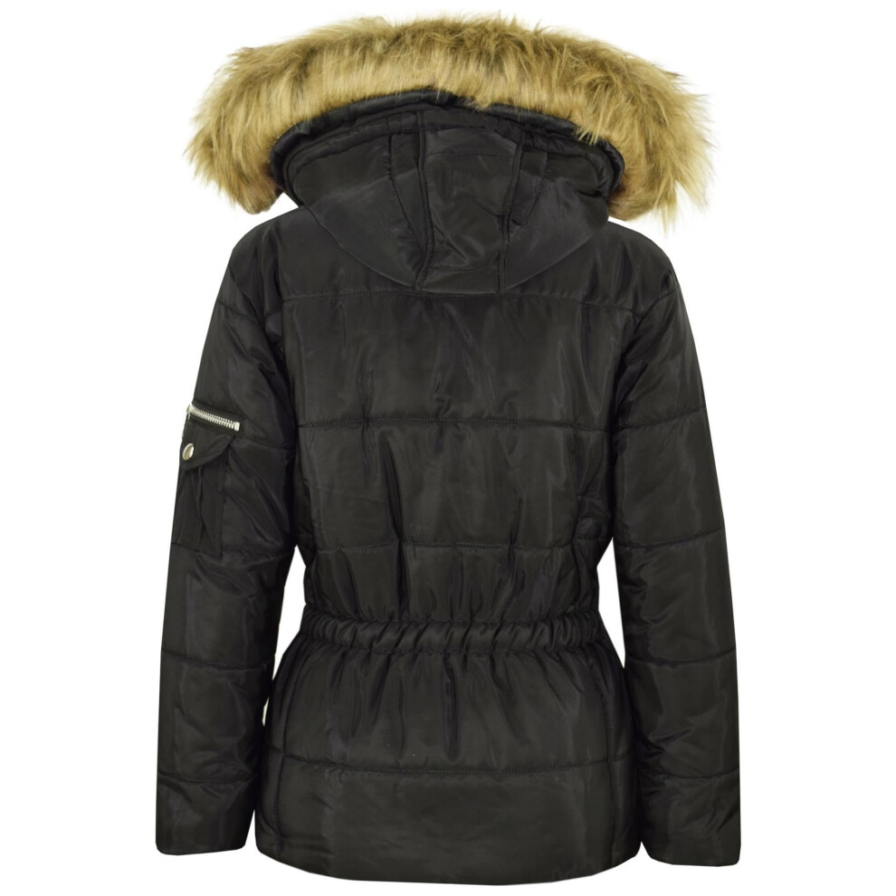 (5-6 Years) Kids Girls Jackets Puffer Hooded Faux Fur Black Padded Zipped Belted Warm Coats