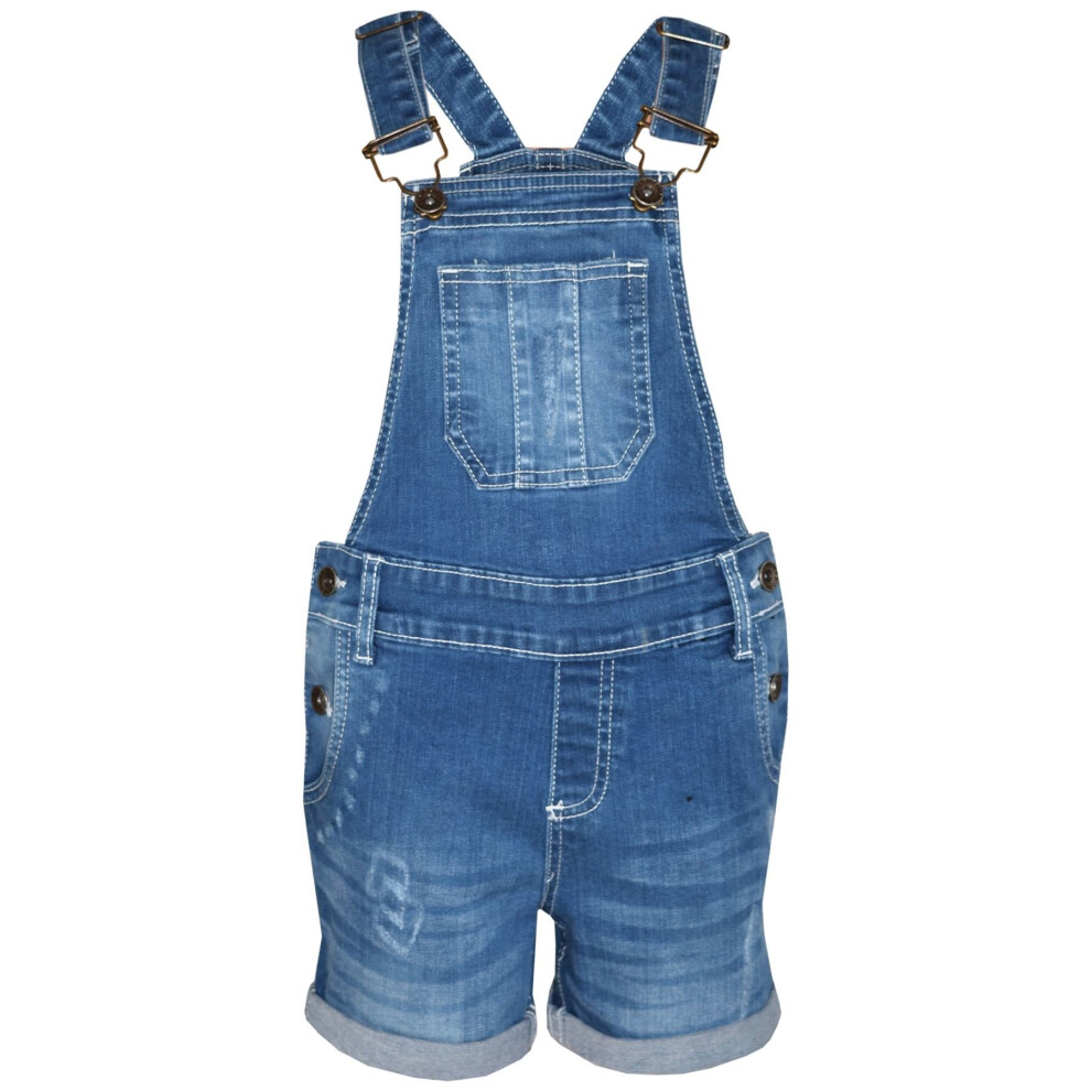 (11-12 Years) Kids Girls Dungaree Short Light Blue Denim Ripped Stretch Jeans Overall Jumpsuit