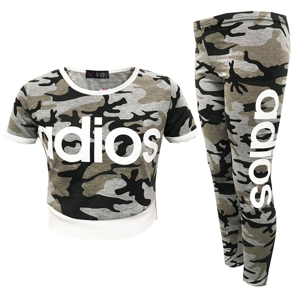A2zkids (11-12 Years, Camo Charcoal) Kids Girls Adios Crop Top Leggings Set Camouflage Jogging Suit Tracksuit 7-13 Yr