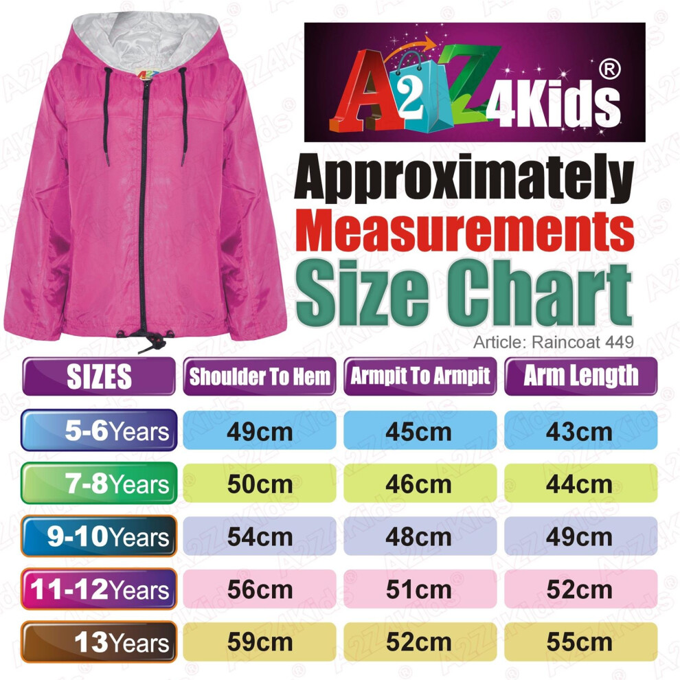 (11-12 Years, Pink) Girls Boys Raincoats Jackets Cagoule Lightweight Jacket Hooded Rain Mac 5-13 Yr