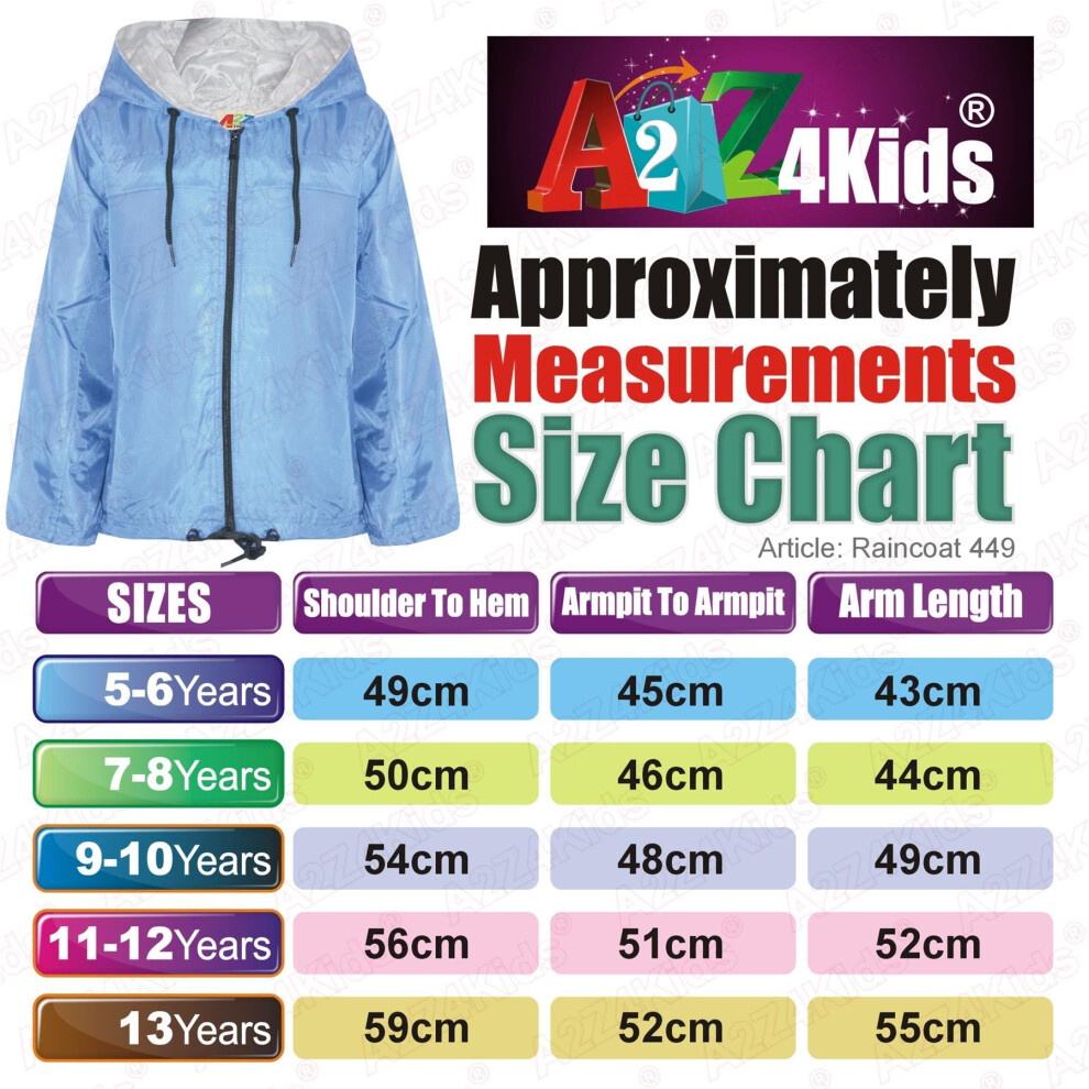 (11-12 Years, Sky Blue) Girls Boys Raincoats Jackets Cagoule Lightweight Jacket Hooded Rain Mac 5-13 Yr