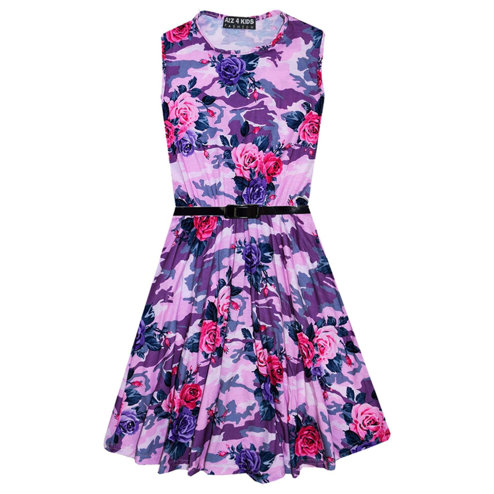 (7-8 Years, Baby Pink) Girls Skater Dress Kids Camo Floral Print Summer Party Dresses Age 7-13 Years