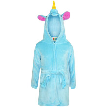 (11-12 Years) Girls Boys Bathrobe 3D Animal Unicorn Blue Dressing Gown Fleece Night Loungewear