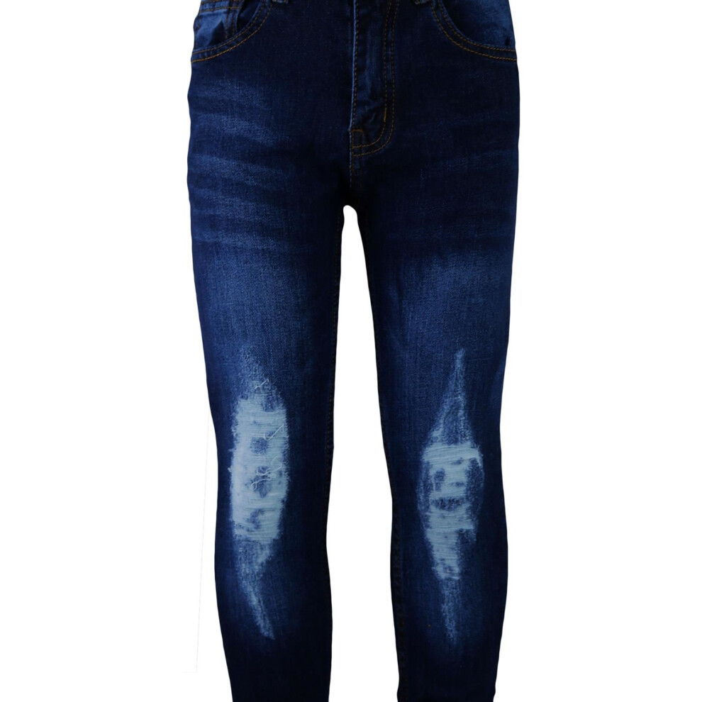 (7-8 Years, Dark Blue) Kids Boys Stretchy Jeans Knee Ripped Denim Skinny Bikers Pants Slim Trouser 5-13