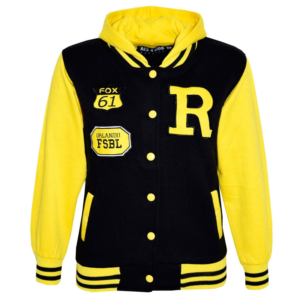 (13 Years, Yellow) Kids Girls Boys R Fashion FOX Baseball Hooded Jacket Varsity Hoodie 5-13 Years