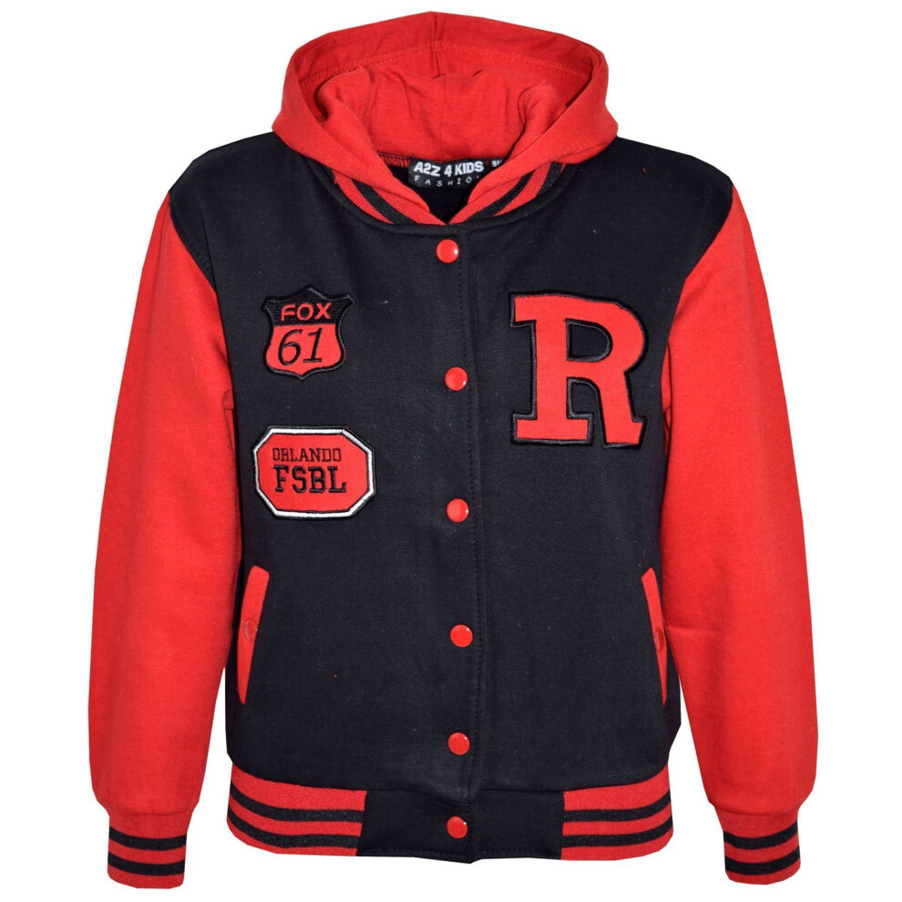 (9-10 Years, Red) Kids Girls Boys R Fashion FOX Baseball Hooded Jacket Varsity Hoodie 5-13 Years