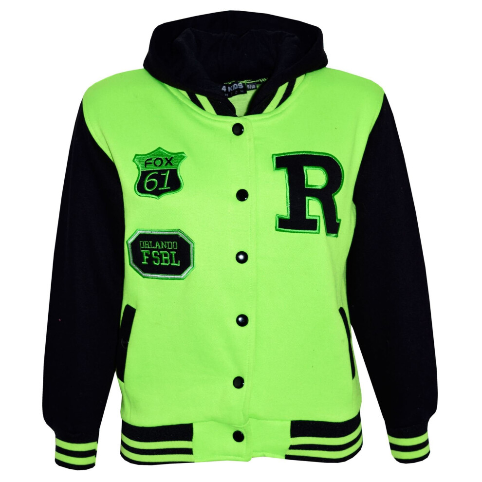 (5-6 Years, Neon Green) Kids Girls Boys R Fashion FOX Baseball Hooded Jacket Varsity Hoodie 5-13 Years