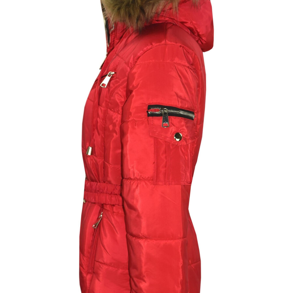 (13 Years, Red) Kids Girls Jacket Puffer Hooded Faux Fur Padded Zipped Belted Slim Fit Warm Coat