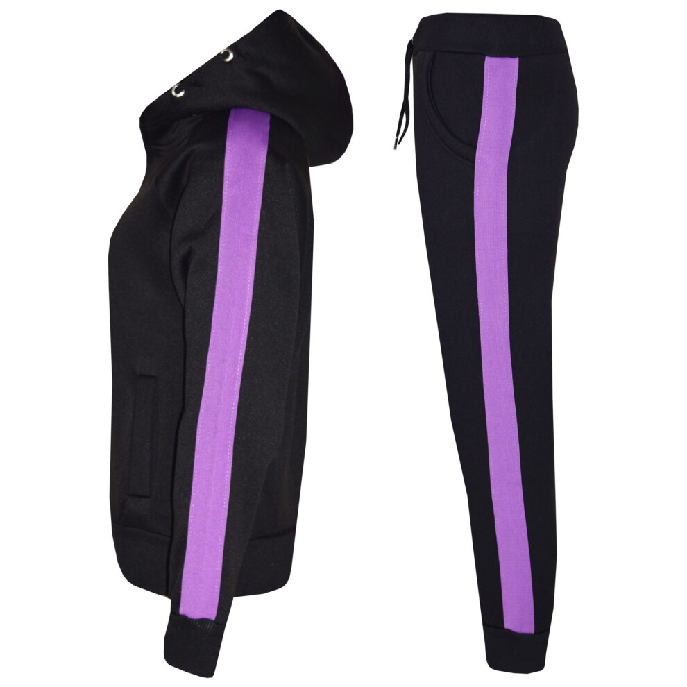 (9-10 Years, Black & Lilac) Kids Girls Boys Jogging Suit Fleece Hooded Hoodie Bottom Tracksuit Jogger 5-13Yr