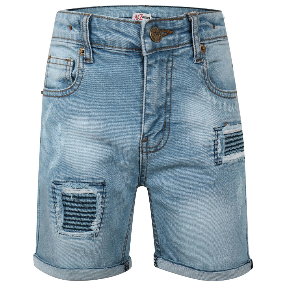 (11-12 Years, Light Blue) Kids Boys Shorts Denim Ripped Chino Bermuda Jeans Short Knee Length Age 5-13 Yr