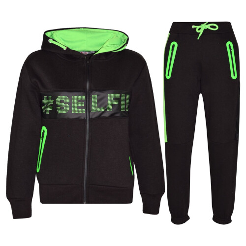 Kids Girls Tracksuit Designer #Selfie Zipped Top & Bottom Jogging