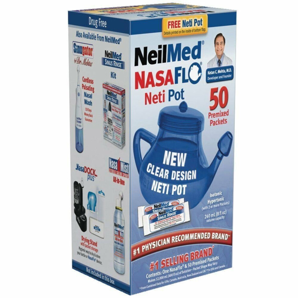 NeilMed NasaFlo Neti Pot Plastic Nasal Wash All Natural Relief 60 Sachets