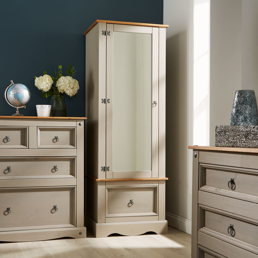 Grey Pine Armoire Wardrobe 1 Door Mirrored 1 Storage Drawer Solid Wood